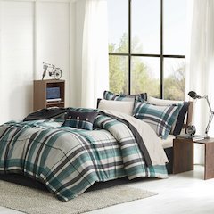 Robbie Plaid Comforter Set with Bed Sheets in Teal/Black Color