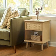 Rattan Accent Side Table with Drawer Storage & Lower Open Shelf