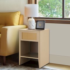 Rattan Accent Side Table with Drawer Storage & Lower Open Shelf