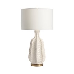 White Ceramic Table Lamp With Ridged Body And Gold Accents