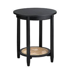 Round Mindi Wood And Rattan Black Accent Table