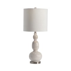 White Triple-Gourd Ceramic Table Lamp With Ribbed Texture And Crystal Base