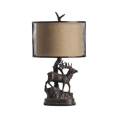 Rustic Resin Table Lamp With Elk Scene And Double Drum Shade.