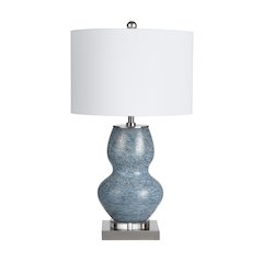 Double-Gourd Blue Ceramic Table Lamp With Crystal Base And Drum Shade.