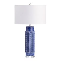 Set Of 2 Blue Ribbed Ceramic Lamps With Crytsal Bases