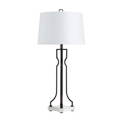 34"H Aged Bronze Metal And Marble Table Lamp With Linen Shade