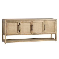 76" Solid Wood & Rattan 4-Door Media Credenza