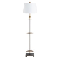 Bronze And Brass Metal Floor Lamp With Stacked Discs And Tapered Shade.