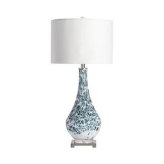 Blue And White Speckled Glass Lamp With Dual Pull Chains.