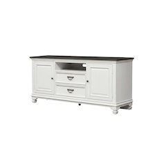 White TV console, wirebrushed finish, charcoal top, solid, 66-inch width