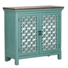 Kensington 2 Door Accent Cabinet in Turquoise w/ Worn Wood Tone Top