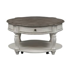 Antique Oval Coffee Table with Drawer And Bottom Shelf in White Finish