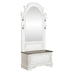 2 Pc Hall Tree Set with Arched Mirror & Lift Top Bench, White & Weathered Bark