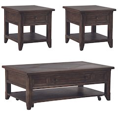 3 Pc Living Room Set - Stone Top Cocktail Table, 2 End Tables - Brown Oak Wood