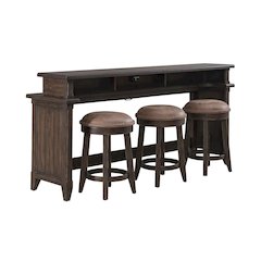 4 Pc Console Table Set - Charging Station, 4 Upholstered Stools - Brown Oak Wood