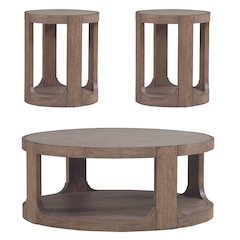 3 Piece Living Room Set Round Stone Cocktail Table, 2 End Tables - Clay Oak Wood