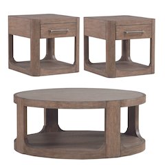 3 Pc Living Room Set Round Cocktail Table, 2 Drawer End Tables - Clay Oak Wood