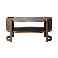 Warren Park Round Cocktail Table - Coffee Brown Oak, Basket Weave Accent
