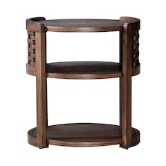 Warren Park Round Chairside Table - Coffee Brown Oak, Basket Weave Accent
