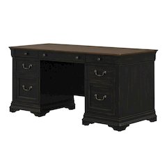 Aged Charcoal Credenza Desk With Distressed Finish And Birch Top For Home Office