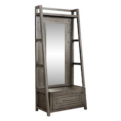 2 Pc Hall Tree Set with Oak Framed Mirror and Storage Drawer - Charcoal
