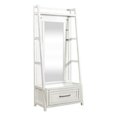 2 Pc Hall Tree Set with Oak Framed Mirror and Storage Drawer - Distressed White