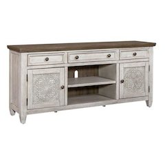 Heartland 66 Inch Tile TV Console in Antique White w/ Tobacco Top