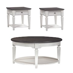 3 Pc Living Room Set Round Cocktail Table, 2 End Tables Cottage White, Oak Wood