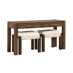 3 Piece Set - Console Bar Table, 2 Upholstered Ottoman Stools Cobblestone Brown