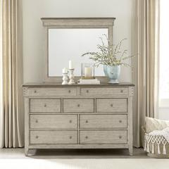 Ivy Hollow Dresser & Mirror in Weathered Linen Finish w/ Dusty Taupe Tops