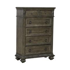 5 Drawer Chest Traditional Brown in Chestnut Finish w/ Dusty Wax