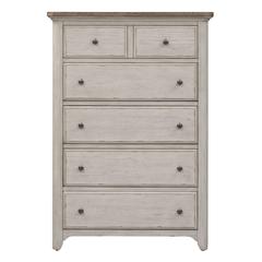 Farmhouse Reimagined 5 Drawer Chest in Antique White w/ Chestnut Top