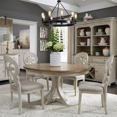 Farmhouse Reimagined 5 Piece Pedestal Table Set in Antique White w/ Chestnut Top