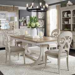 Reimagined 7 Piece Trestle Table Set - 6 Splat Back Chairs, 18" Leaf - Antique