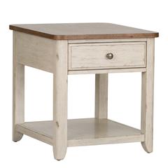 Farmhouse Reimagined End Table with Basket in Antique White w/ Chestnut Top