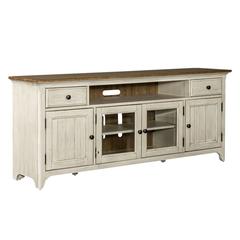Farmhouse Reimagined Entertainment TV Stand in Antique White w/ Chestnut Top