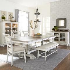 Whitney 6 Piece Trestle Table Set - Antique Linen w/ Weathered Gray