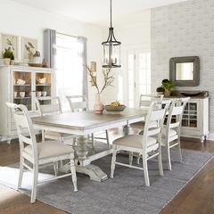 Whitney 7 Piece Trestle Table Set - Antique Linen w/ Weathered Gray