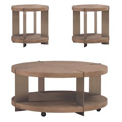 3 Piece Set - Round Cocktail Table, 2 End Tables - Sandstone & Satin Nickel