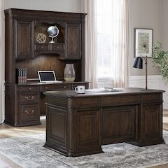5 Pc Executive Set - Desk, Credenza Desk & Hutch with LED Touch Light, Brown