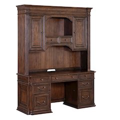 5 Pc Executive Set - Desk, Credenza Desk & Hutch with LED Touch Light, Brown