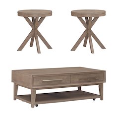3 Piece Living Room Set, Cocktail Table, 2 Round End Tables - Sandstone Oak Wood