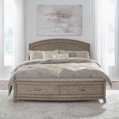 Queen Panel Storage Bed Frame with Footboard Drawer - Burnished Beige Oak Wood