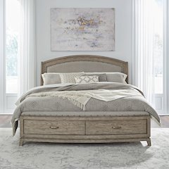 Queen Storage Bed Frame with Footboard Drawer - Burnished Beige Oak Wood
