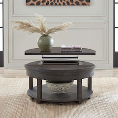 Round Lift Top Cocktail Table Bottom Storage Shelf - Peppercorn Oak Wood