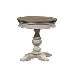 Heartland Round Pedestal Chair Side Table in Antique White w/ Tobacco Top