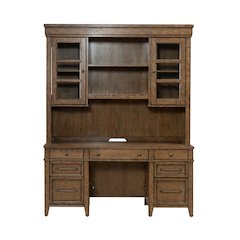 Credenza & Hutch with LED Light, Keyboard Tray - Amber Brown Oak Wood
