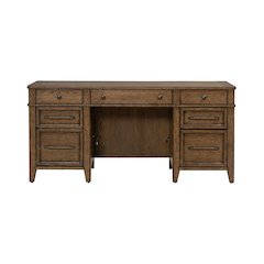 Jr Executive Credenza, Keyboard Tray, Locking File Storage- Amber Brown Oak Wood