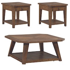 3 Pc Set for Living Room -Octagonal Cocktail Table, 2 End Tables-Amber Brown Oak