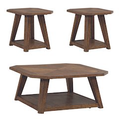 3 Piece Set - Octagonal Cocktail Table, 2 Octagonal End Tables - Amber Brown Oak
